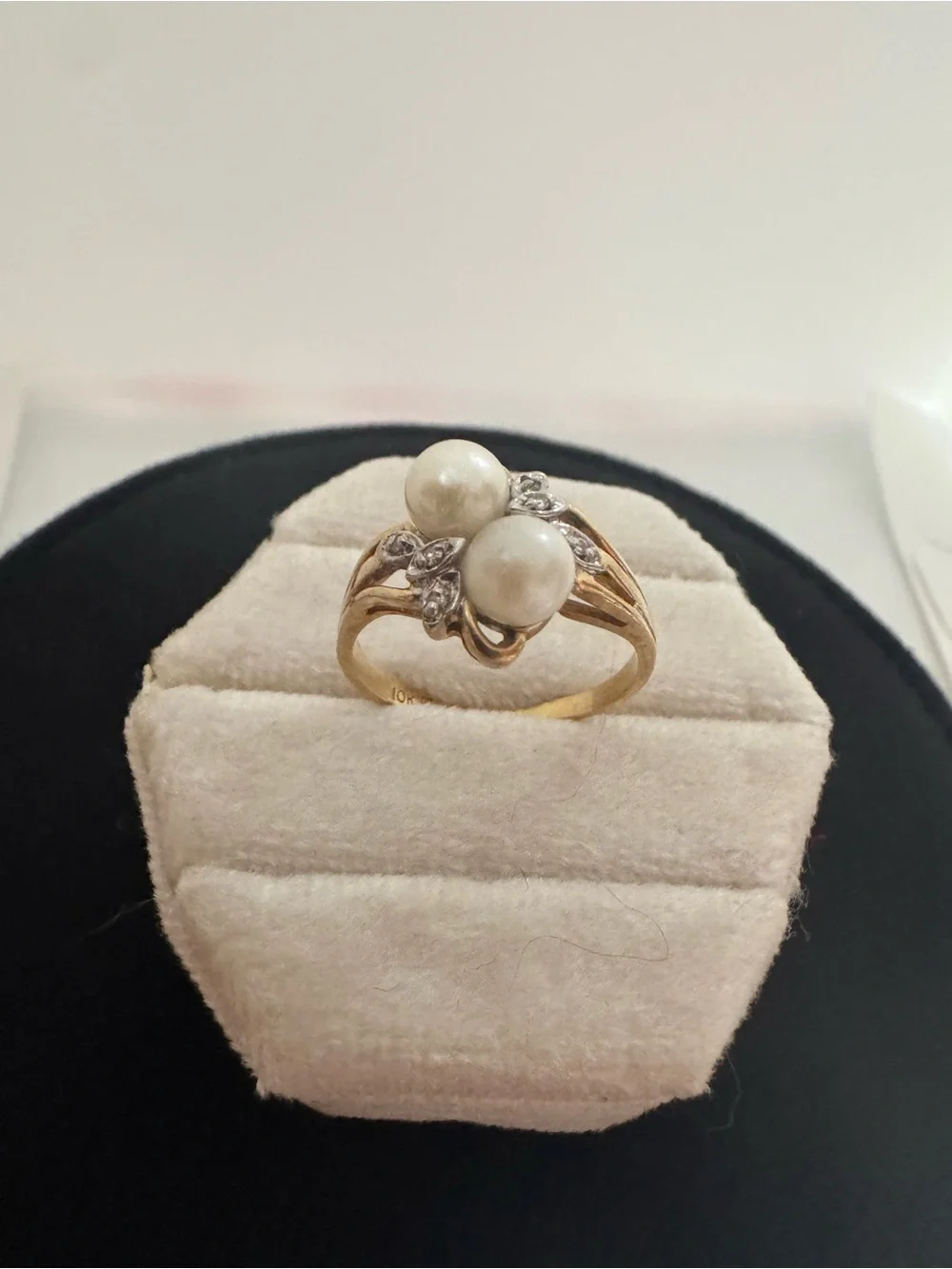10K Solid Yellow Gold Double Pearl & Diamond Botanical Bypass Ring Size 7